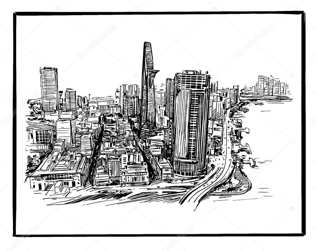 Drawing of the Ho Chi Minh city skyline in Vietnam 
