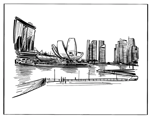 Disegno Dello Skyline Singapore Lungo Baia — Vettoriale Stock