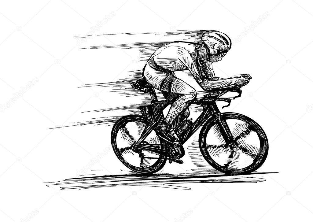 Drawing of the bicycle competition show riders isolate hand draw