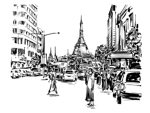 Tekening Van Mensen Lopen Straat Rond Pagode Yangon Hand Trekken — Stockvector