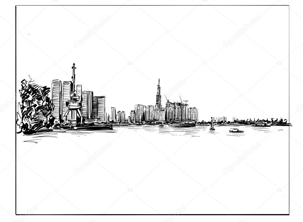 Drawing of the cityscape in Ho Chi Minh city Vietnam 