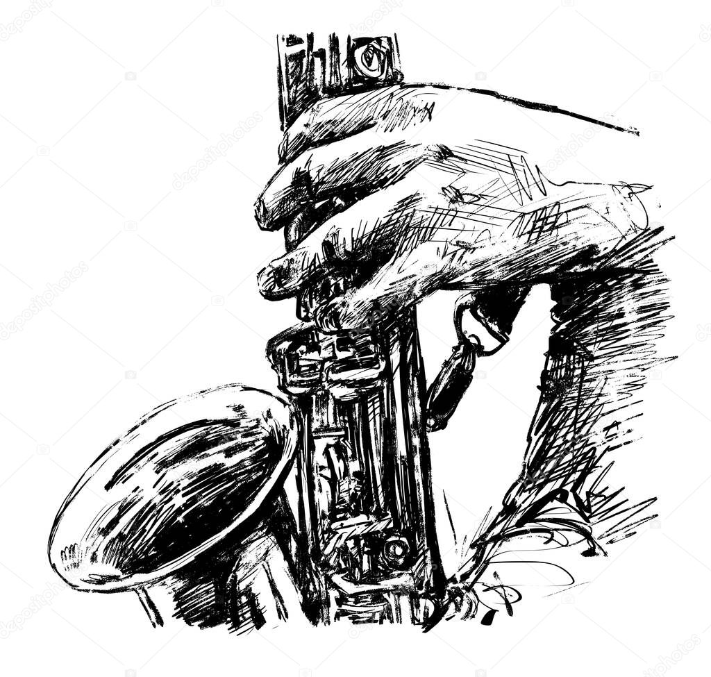 Drawing of the musician plays saxophone hand draw 