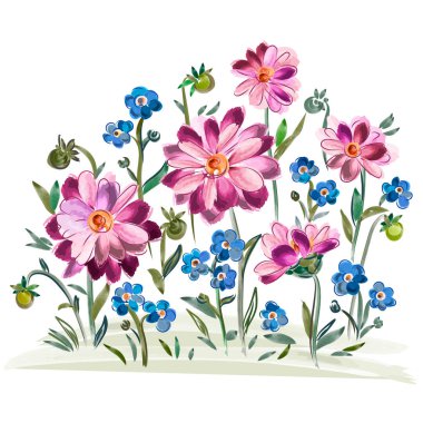 Suluboya çiçeklerinin vektör çizimi menekşeler ve nonoşlar ve çayır yaprakları