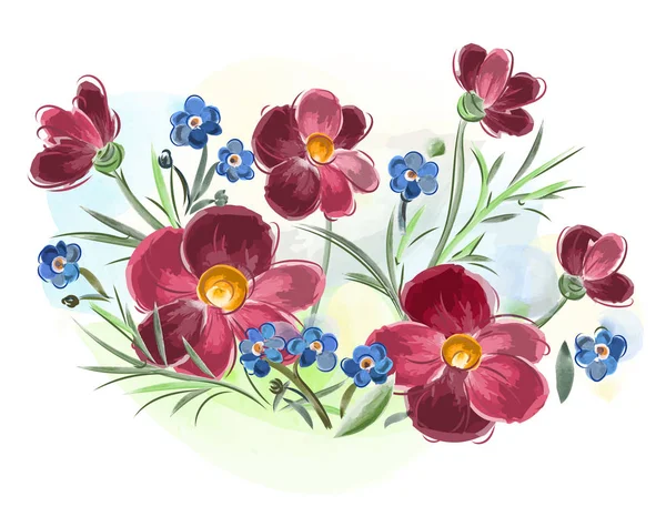 水彩画のベクトルイラスト花のバイオレットとパンジーと牧草地に葉 — ストックベクタ