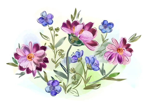 Ilustración Vectorial Flores Acuarela Violetas Pansy Hojas Prado — Vector de stock