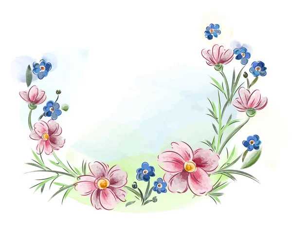 水彩画のベクトルイラスト花のバイオレットとパンジーと牧草地に葉 — ストックベクタ