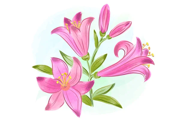 水彩のピンクユリと美しい贈り物カードのベクトル イラスト — ストックベクタ