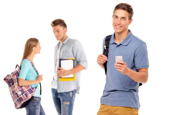 Handsome Young Man Using Smartphone Smiling His Friends Talking Background — Stock Photo, Image