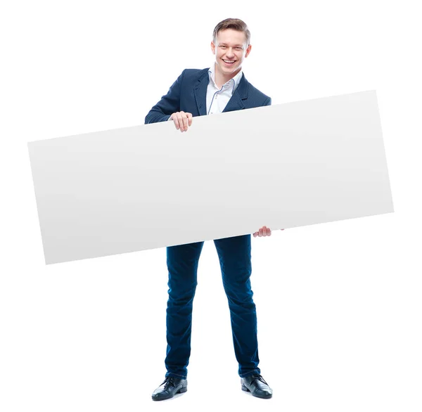 Handsome Young Business Man Holding Big Blank Copy Space — Stock Photo, Image