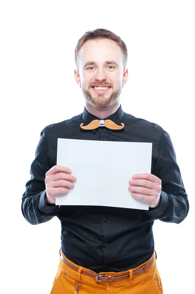 Portrait Young Bearded Man Wooden Bowtie Mustache Shaped Smiling Looking — Stock Photo, Image