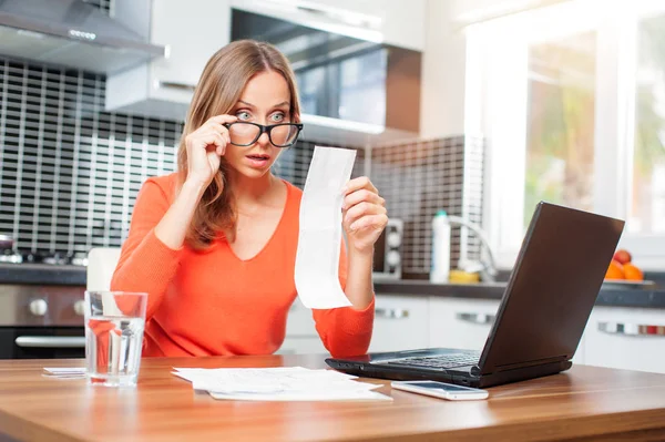 Stressed Bills Surprised Young Woman Looking Her Financial Debts Kitchen — Stock Photo, Image