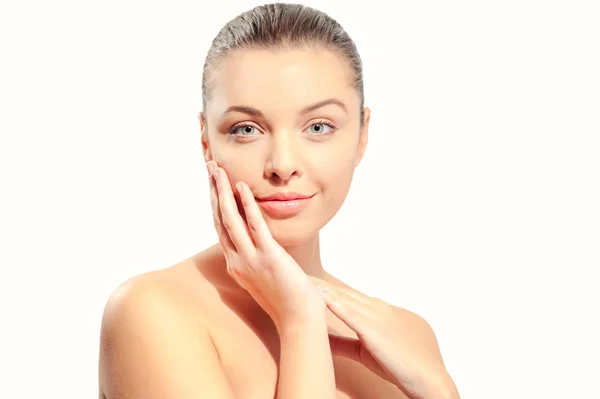 Beautiful Young Shirtless Woman Touching Her Face While Standing White — Stock Photo, Image