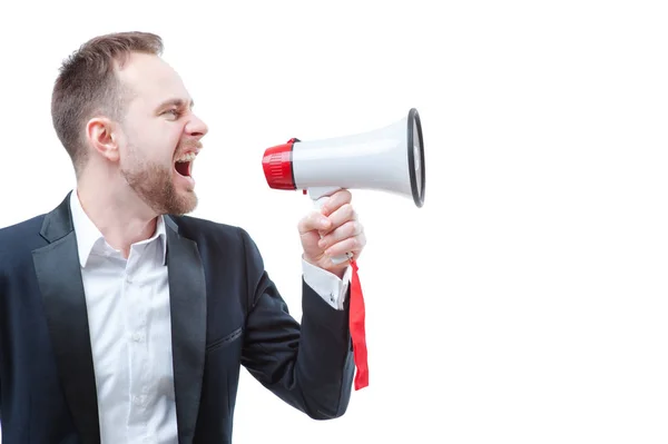 Studioporträt Eines Jungen Geschäftsmannes Megafon — Stockfoto