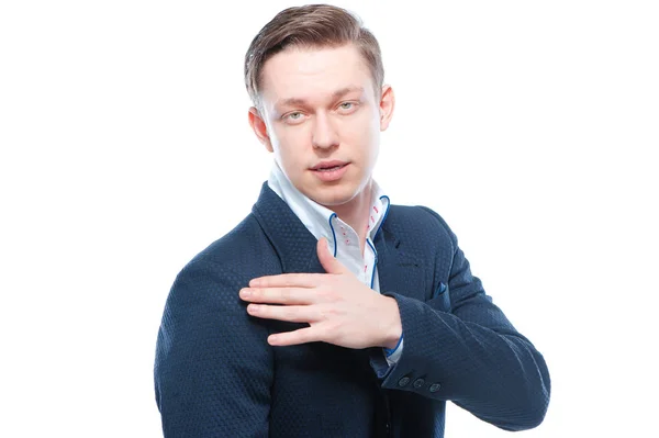 Primer Plano Retrato Hombre Guapo Joven Confiado Mirando Cámara Chaqueta — Foto de Stock