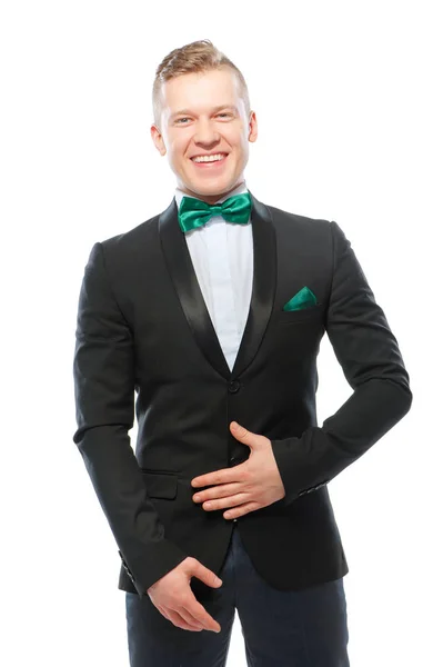 Portrait Happy Young Man Bowtie Looking Camera Isolated White — Stock Photo, Image