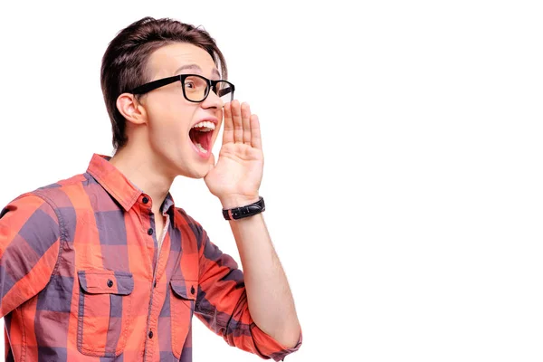 Handsome Young Man Holding Hands Opened Mouth — Stock Photo, Image