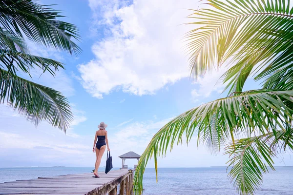 Young Woman Swimwear Hat Standing Wooden Beach Pier — Stock Photo, Image