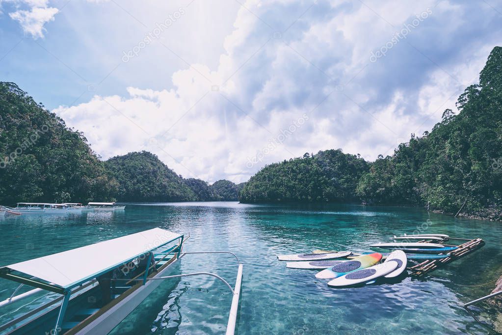  Beautiful landscape with blue sea lagoon, National Park, Siargao Island, Philippines.