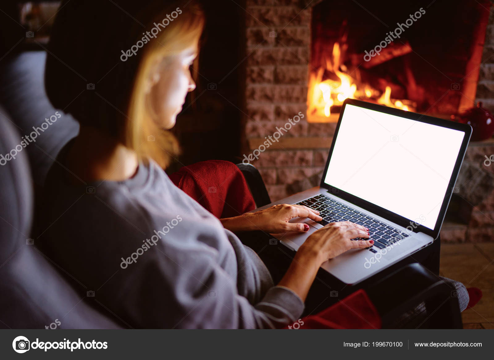 Pretty Young Woman Working Laptop Computer Fireplace Copy Space