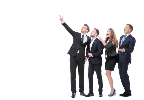 Longitud Completa Grupo Gente Negocios Sorprendida Sorprendida Mirando Señalando Hacia — Foto de Stock