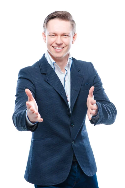 Welcoming Sign Handsome Young Businessman Opened Hands — Stock Photo, Image