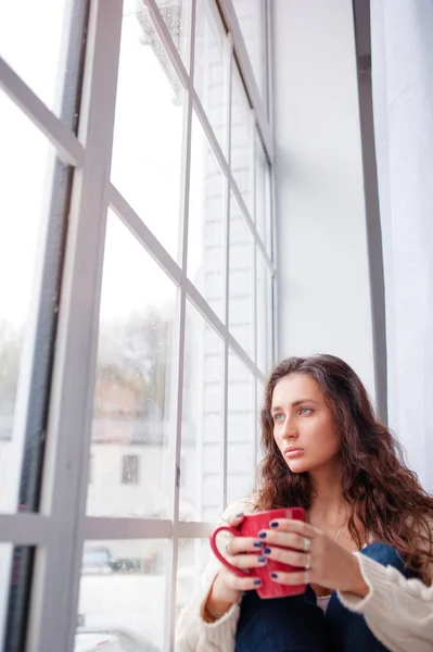 Beautiful Young Woman Cup Tea Sitting Window Home — Stock Photo, Image