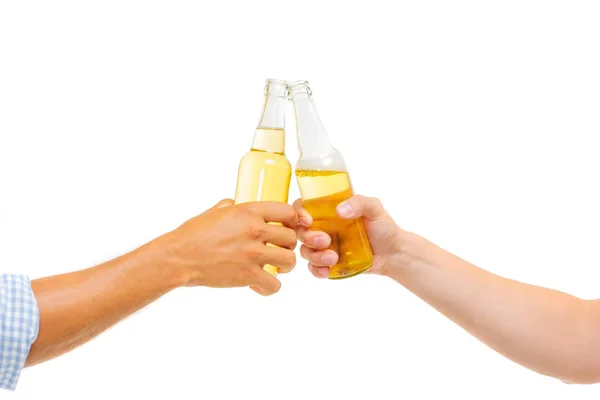 Closeup Hands Toasting Bottles Beer — Stock Photo, Image