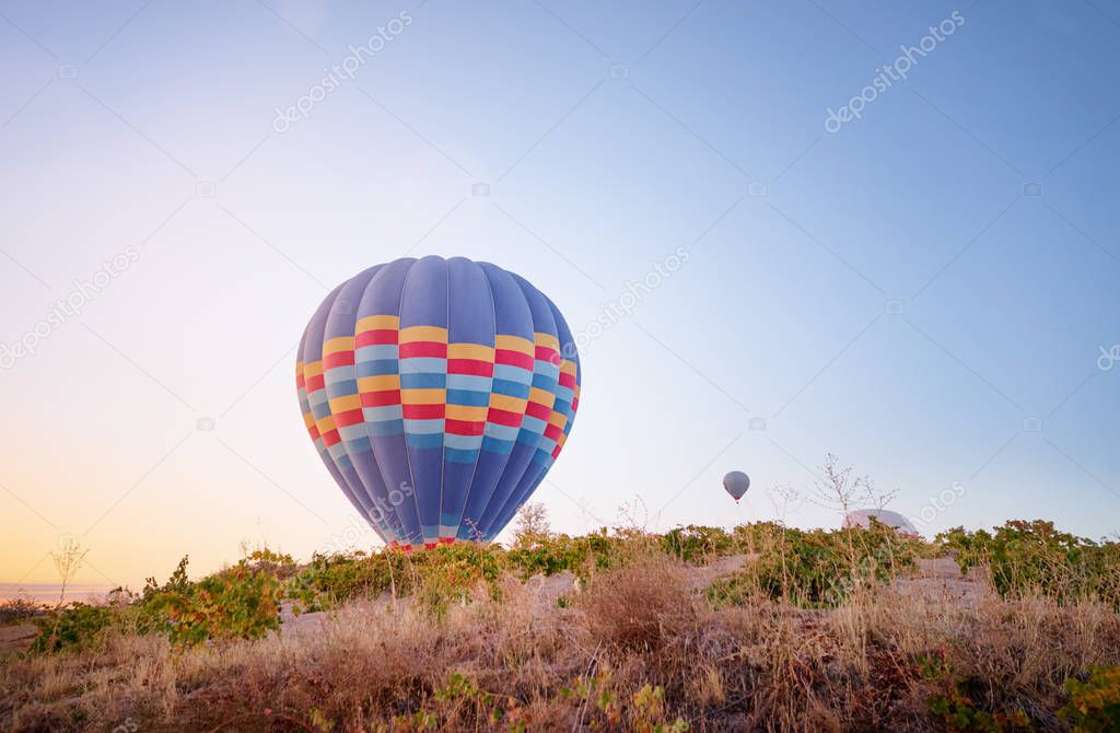 Famous sightseeing Cappadocia, Anatolia. Balloons in the sky.