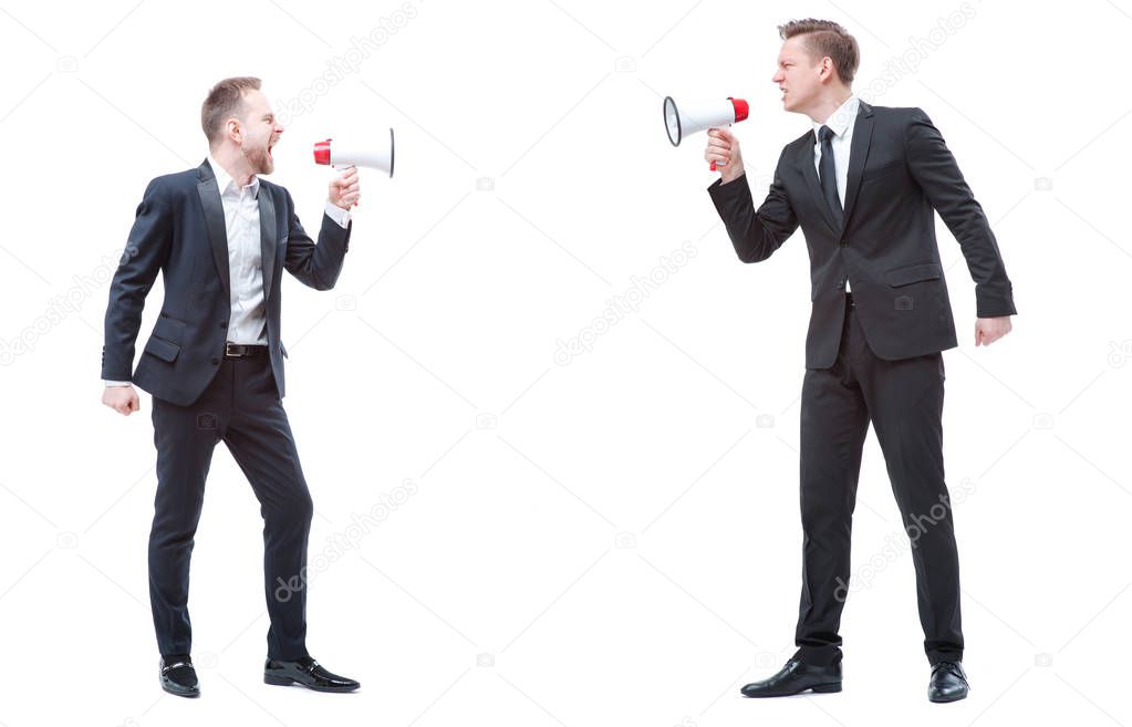 Two angry stressed businessman are shouting on each other with megaphones