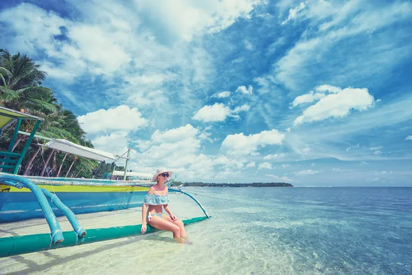 Young Pretty Woman Hat Swimwear Sitting Traditional Boat White Sand — Stock Photo, Image