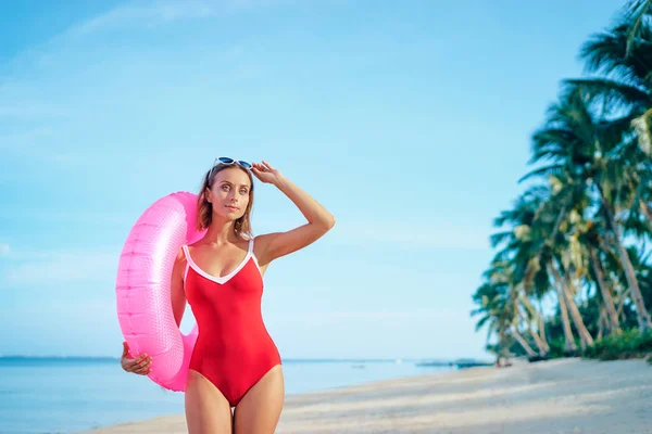 Outdoor Portrait Pretty Young Woman Red Swimsuit Inflatable Ring Tropical — Stock Photo, Image