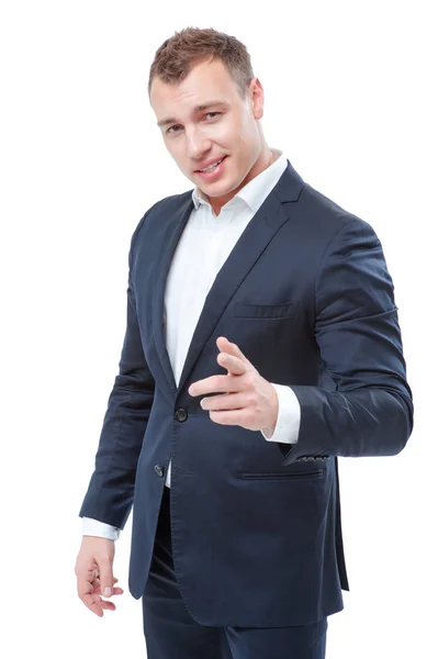 Confident Young Businessman Pointing You Smiling — Stock Photo, Image