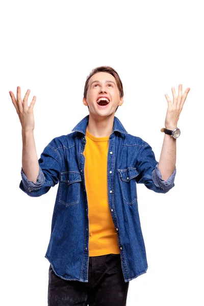 Happy Young Man Rising Hands Isolated White — Stock Photo, Image