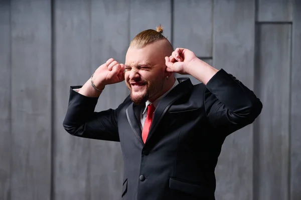 Handsome Young Man Wearing Toxedo Closing His Ears Fingers Refusing — Stock Photo, Image