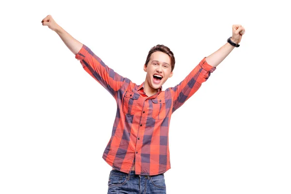 Retrato Estudio Joven Guapo Emocionado Con Las Manos Arriba — Foto de Stock