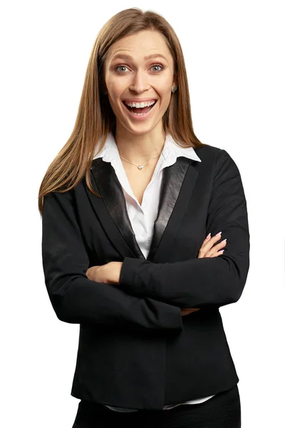 Amazed Young Business Woman Black Suit Isolated White — Stock Photo, Image