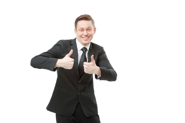 Jovem Alegre Formalwear Mostrando Seus Polegares Para Cima Sorrindo Enquanto — Fotografia de Stock