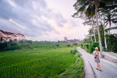 Şapkalı güzel pirinç alan manzarayı yolda yürürken kamera ile genç kadın.