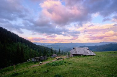 Dağlar, yatay, yeşil çayır ve ahşap ev güzel manzarasına. Karpatlar, Ukrayna.