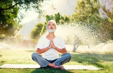 Lotus üst düzey sakallı adam poz yeşil çimenlerin üzerinde oturan