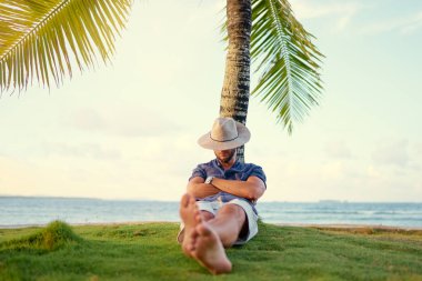 Genç adam palmiye ağacının altında istirahat.