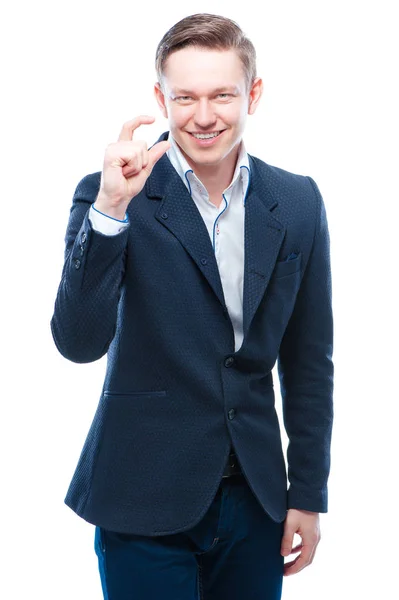 Young Attractive Businessman Showing Size Fingers — Stock Photo, Image