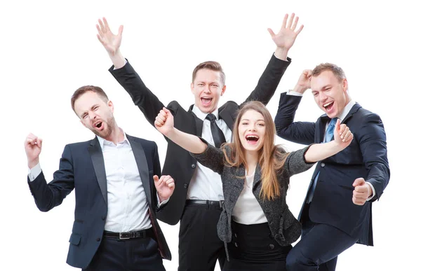 Grupo Jóvenes Felices Ropa Formal Celebrando Haciendo Gestos Manteniendo Los — Foto de Stock