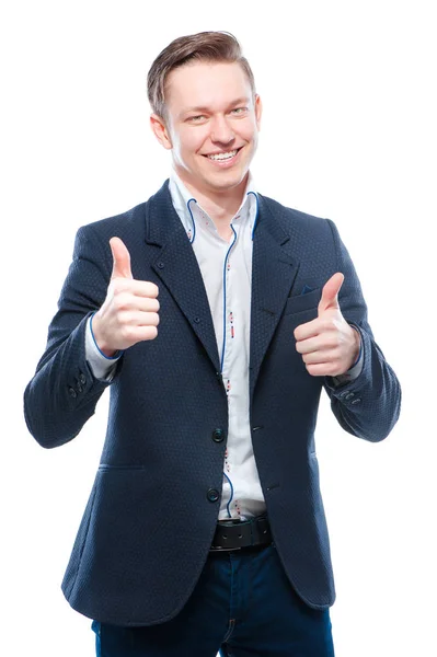 Happy Young Man Jacket Pointing Showing Thumbs Expressing Positivity — Stock Photo, Image