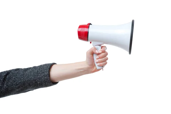 Female Hand Holding Megaphone Isolated White Background — Stock Photo, Image