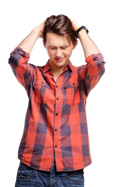 Stressed Tired Young Man Holding Hand His Head — Stock Photo, Image