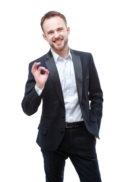 Handsome Young Bearded Man Full Suit Showing Sign Smiling While — Stock Photo, Image