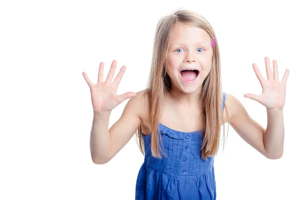 Studio Portrait Excited Little Girl Raised Her Palms — Stock Photo, Image