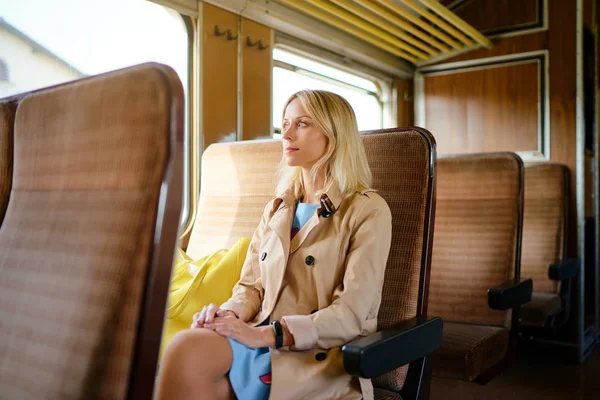 Young pretty woman traveling by the train sitting near the window.