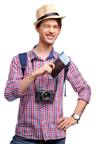 Retrato Estudio Joven Guapo Con Pasaporte Entradas — Foto de Stock